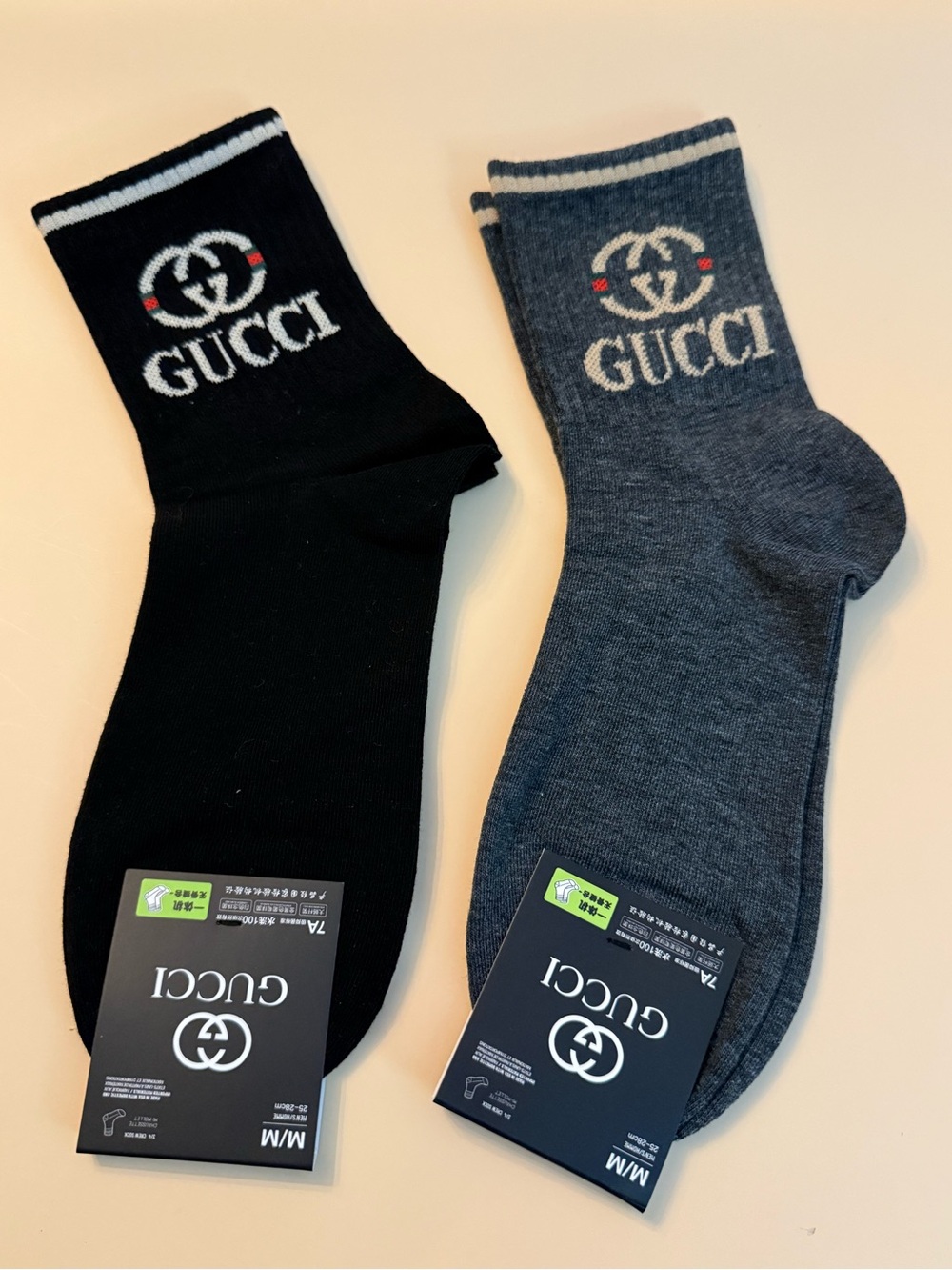 TWO pairs G G luxury crew-length socks medium black and dark grey unisex NEW